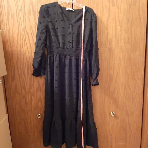 Juoiantang Maxi Dress VNeck H Waisted Button ALine Ruffle Tier Swiss Dot Sz 8-10 - Picture 2 of 11